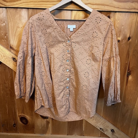 J. Jill Tops - J. Jill Eyelet Lantern-Sleeve Blouse Women's Size M Button Front V-Neck Cotton